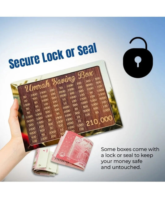 Wooden Umrah Savings Box – 210,000 Goal Islamic Money Box